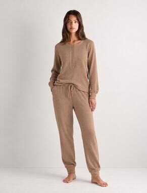 Goumi Women’s Waffle Knit Bamboo Henley Pants Lounge Set Brown Large XL